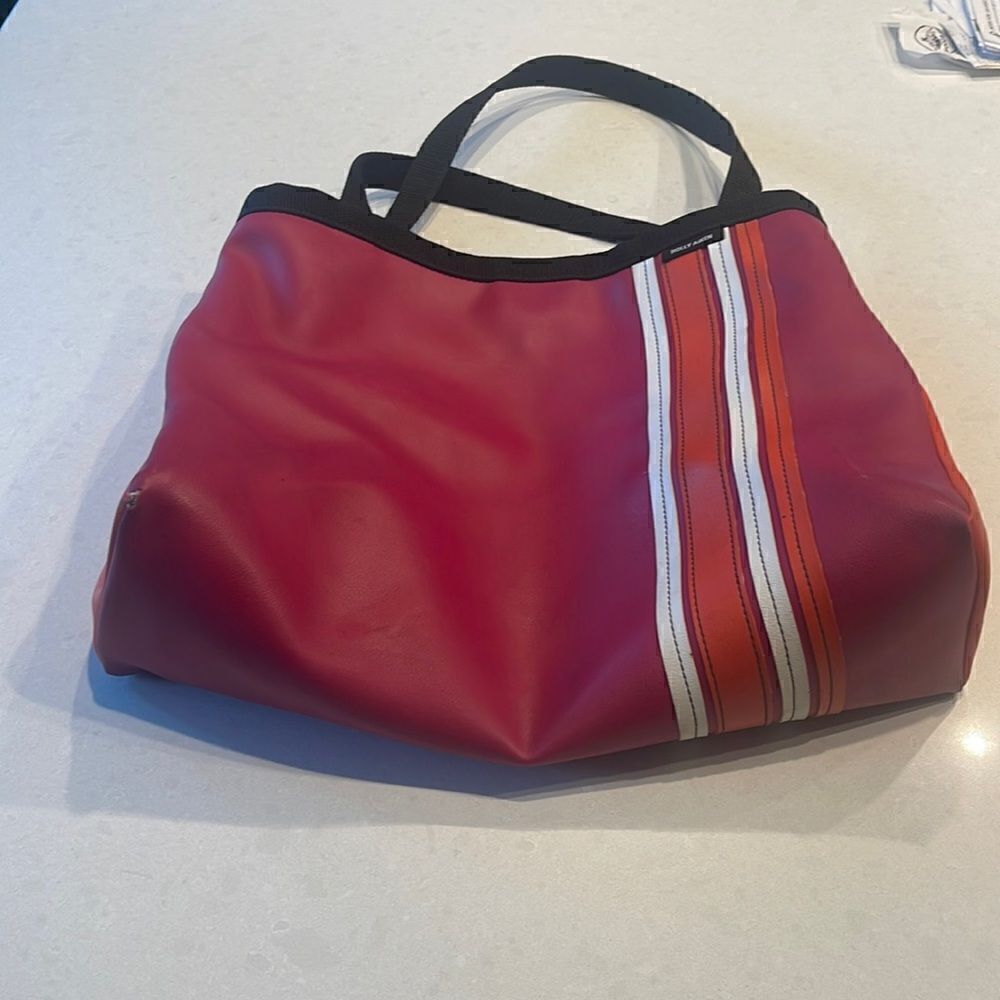 Holly Aiken sedan style bag Med to large tote, made in USA, pink orange white.